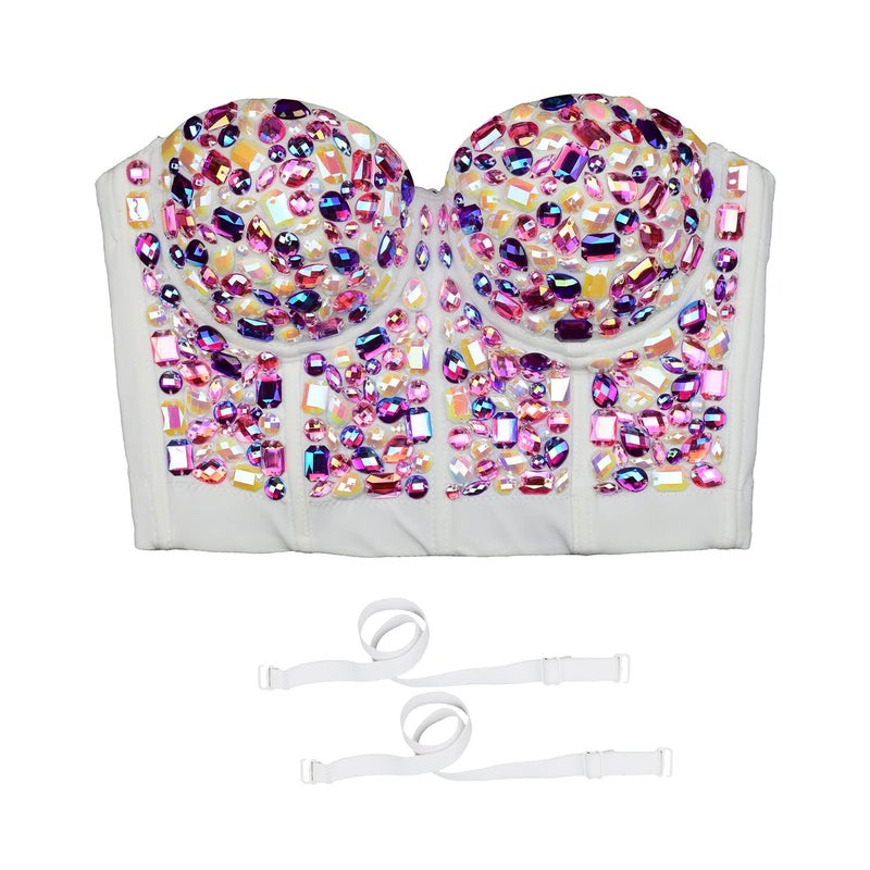 ELLACCI Women's Sexy Rhinestone Bustier Crop Top Club Party Glitter Corset Top Bra Multicolor Small - Image 3